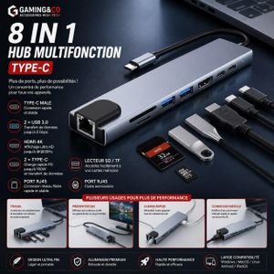 HUB USB C, Adaptateur Multiport USB C 8 En 1 Avec HDMI, Alimentation PD 100 W, Lecteur De Carte SD/TF, Port USB 3.0 Et USB 2.0, Rallonge USB C Compatible Avec Les Ports Portables De Type C