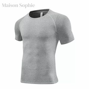 T-shirt de compression homme manche courte, tissu stretch séchant rapide pour fitness et course, modèle uni gris et blanc