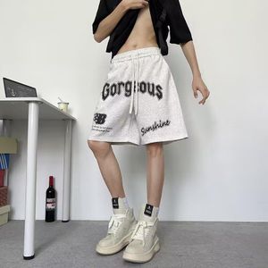 CALLIARA Short Style Américain Rétro à Imprimé Lettres Gothiques, Pantalon Court Sportif à Cordon Détendu, Short Décontracté Streetwear