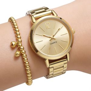2PCS/Set Montre Pour Femmes Mode Gold Steel Band Quartz Bracelet Montre Ouverture Bracelet Manchette Ensemble
