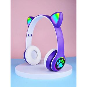 Casque Enfant Et Adulte V23M Violet, Casque Bluetooth, Casque Oreilles Chat Lumineux VV