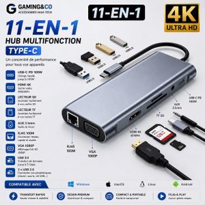 Adaptateur 11 en 1 –usb type-c to hdtv lan vga -USB 3.0 - hdmi - rj45 - usb c