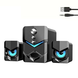 ShebSheb Système Audio 2.1 pour Ordinateur de Bureau, Haut-parleurs d’Ordinateur Alimentés par USB avec Entrée Aux 3,5 mm, Son Stéréo PC, Basses Puissantes et Rétroéclairage Bleu