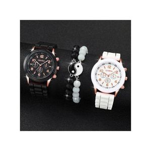 Genetic 4Pcs Montres de Couple Quartz - Set de Montres avec Perles des Huit Trigrammes + Montres Noire et Blanche