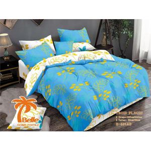 Belle Parure de lit 3 pièces B-595AB motif feuillage jaune sur fond bleu, 2 draps 260×240cm + 2 taies 80×60cm, tissu microfibre doux