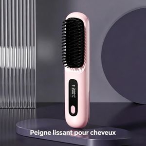 Peigne Lissant Cheveux Sans Fil et Portable Brosse Lissante Chauffante avec Écran LED Affichage Rechargeable par USB