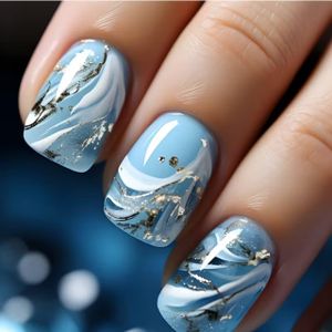 Faux Ongles a Coller Motif Marbre Bleu Paillettes - 24 Pieces