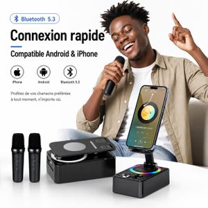 General Mini Karaoké Bluetooth avec Support Téléphone Rotatif 360°, Micro Sans Fil, Haut-Parleur LED RGB pour Musique et Chant
