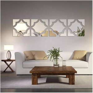 Lot de 4 stickers muraux miroir argentés en acrylique, stickers décoratifs pour miroirs d'intérieur