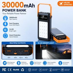 Lampe de Camping Batterie Externe 30000mAh, Chargeur Portable avec Lampe LED, Grande Capacité Lampe de Secours Extérieure à Double Fonction comme Batterie Mobile pour Camping Randonnée Voyage