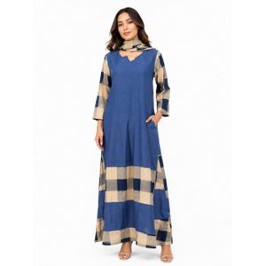 Robe Longue Femme avec Écharpe Assortie – Bleu Marine & Carreaux Gris
