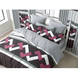 Belle Parure de Lit 3 Places 6 PiècesDraps de Lit 3 places, 2 Draps-240×260cm 2 taies-60×80cm 2 Rideaux-150×220cm -Gis,noir,blanc et rose