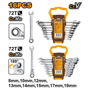Ingco JEU DE 16PCS DE CLE A CLIQUET 8MM A 19MM DONT 1 LO      HKSPAR2016