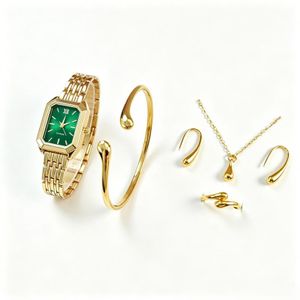 Coffret Cadeau Femme Montre Cadran Vert Carré Dorée avec Bracelet Collier Pendentif Goutte Boucles d'Oreilles Crochet Bague Parure Complète Élégante Idéale Mariage Anniversaire Soirée Bureau Femme