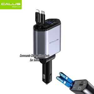CALUS Chargeur Voiture 66W Ultra Rapide CAR06 Noir - 4 en 1 Avec Câbles Rétractables Type-C & iPhone, 2 Ports