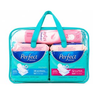 Perfect Trousse pour femme : 02 serviettes perfect ( 1 nuit et 1 jour) + 01 lot de lingette Démaquillante + 01 lot de lingettes intimes+ 01 lot de 80 disques de coton