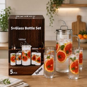 Syder Set Carafe en Verre 5 Pièces – Carafe 1400 ml avec Couvercle et Poignée + 4 Verres 380 ml – Service à Boissons pour Eau, Jus, Citronnade et Boissons Fraîches