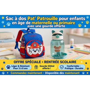 Fasfion Sac à dos pat'patrouille pour enfants en âge de maternelle ou primaire + une gourde offerte