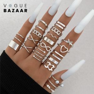 VOGUE BAZAAR Ensemble de 23 bagues argentées pour femmes, bijoux au design géométrique minimaliste