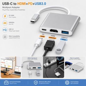 Hub USB C 3-en-1, HDMI 4K + PD 100W + USB 3.0, Adaptateur Type-C pour MacBook / Ordinateur portable