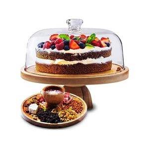 TodyJeyHo Suport de gâteau avec couvercle de dôme en acrylique 2-en-1 multifonctionnel rond écran de table de dessert à l'épreuve d'éclatement avec assiette de bois d'acacia, plateau de légumes, bol de fruits, support de beignet, assiette de nachos