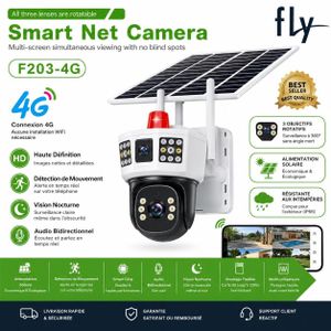 Fly  Caméra F203 énergie Solaire 2-Panneaux Rotatif - 3 Objectif 360- 90°  Full-HD 4K 8MP/3MP /3MP -4G Carte Sim Alarme batterie intégrée alimentation en continue. tout les option en description