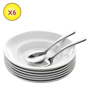 Lot De 6 Assiettes Creuses En Porcelaine + 6 Cuillères Et Fourchettes