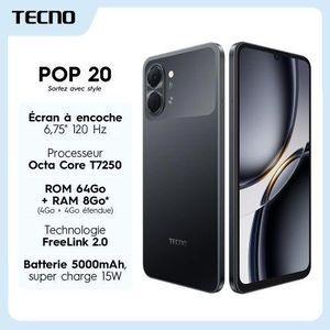 Tecno POP 20 - 6,67 Pouces - 64Go ROM - (4+4)GO RAM - 4G - 2 SIM - 8MP/13MP - 5000MAH - NOIR