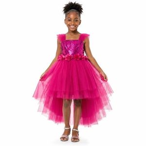 Robe princesse fillette avec paillettes et fleurs – 2 à 9 ans - Rose Fushia