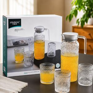 Ensemble Carafe en Verre Vintage 1,2L avec 4 Verres 300 ml – Pichet Transparent avec Couvercle – Service à Eau et Jus