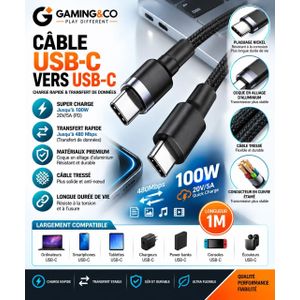 Câble USB-C vers USB-C – Super Charge 100W Power Delivery & Câble Tressé Ultra Robuste – Longueur 1M