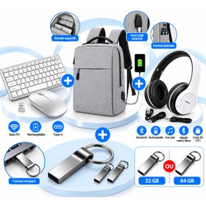 Pack Ordinateur & Bureau – Sac à Dos Gris + Clavier Souris Sans Fil rechargeable Blanc + Casque P47 Blanc + Clé USB 32go / 64Go