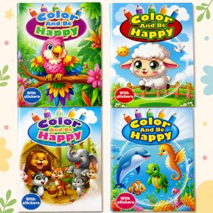 4 livrets de coloriage avec stickers de décor autocollants - pour enfants de 3 ans+ - 12 crayons de couleur offerts 