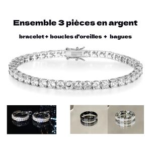 Ensemble bijoux à micro‑strass brillants, bracelet extensible + boucles d'oreilles S925 + bague