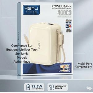Hepu Power Bank 40000mAh Grande Capacité HP-A28 Beige - 22W Charge Super Rapide - Bonne Qualité Cable Type-C Et Iphone Integré