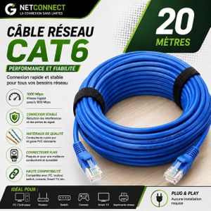 Câble Réseau Ethernet Cat6 Haute Performance - Cordon de Brassage RJ45 Gigabit 1000 Mbps de 20 Mètre - Contacts Plaqués Or, Bleu, Plug & Play