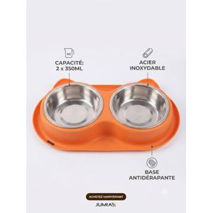 Gamelle Double pour Chat et Chien en Acier Inoxydable avec Support Orange