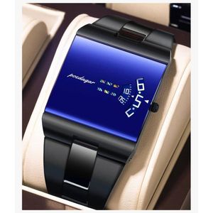 POEDAGAR Montre Homme Luxe Carrée – Bracelet Acier Noir – Affichage Original Bleu
