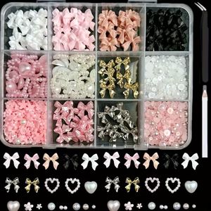 1 boîte de bijoux pour ongles, nœuds en résine, rubans multicolores et perles de tailles assorties