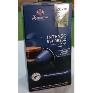 Bellarom, paquet 20 capsules de café Intenso Espresso 12/12. Café  intensité 12/12 Intense & Strong ( très  Intense et très Fort ) . Aromatique et raffiné. Adapté machine Nespresso.  