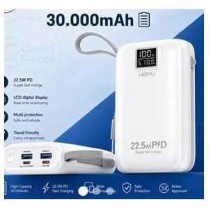 Hepu Powerbank HP-A03 – 30000 mAh – Charge Rapide 22,5W PD – Blanc