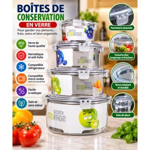 Lot de 4 Boîtes de Conservation Alimentaire en Verre Hermétiques – Avec Couvercles à Fermeture Sécurisée