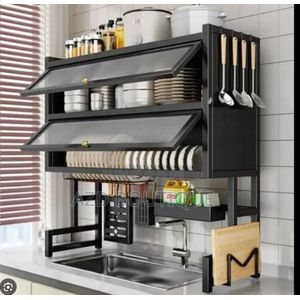 Égouttoir à Vaisselle au-dessus de l'Évier avec Portes Anti-Poussière – Organisateur de Cuisine Multifonctionnel Noir