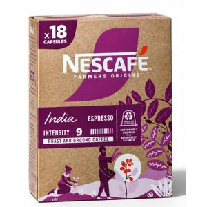 Importé de France. Boite de 18 capsules de café NESCAFE, Farmers Origins India Espresso , Pur Arabica, intensité 9/12  Intense, compatibles Nespresso.  Importé France
