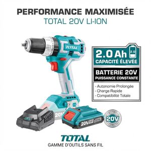 TOTAL Perceuse visseuse sans fil 20v 2.0 Ah