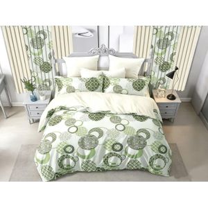 Belle Parure de Lit 3 Places 6 PiècesDraps de Lit 3 places, 2 Draps-240×260cm 2 taies-60×80cm 2 Rideaux -150×220cm -BEIGE VERT