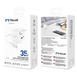 chargeur Miccell T62 35W GaN - Charge rapide 35 W - La toute dernière technologie GaN - Câble USB-C rétractable - Conception à triple sortie - Chargez 3 appareils simultanément - Adaptateur de voyage pliable pour prise américaine - Large compatibilité 