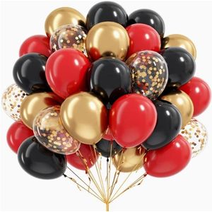 60 ballons en émulsion de 30 cm (12 pouces) rouges, noirs et dorés à confettis