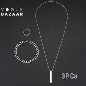 VOGUE BAZAAR Ensemble de Bijoux 3 Pièces pour Hommes, Collier Pendentif Croix+Bracelet à Maillons Cubains+Bague, Acier Inoxydable Noir