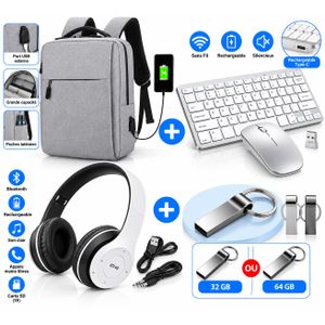 Pack Ordinateur & Bureau – Sac à Dos Gris + Clavier Souris Sans Fil rechargeable Blanc + Casque P47 Blanc + Clé USB 32go / 64Go